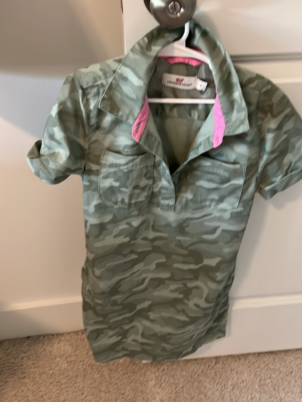 Vineyard Vines Girls Green Camo Polo Dress with Pink Trim